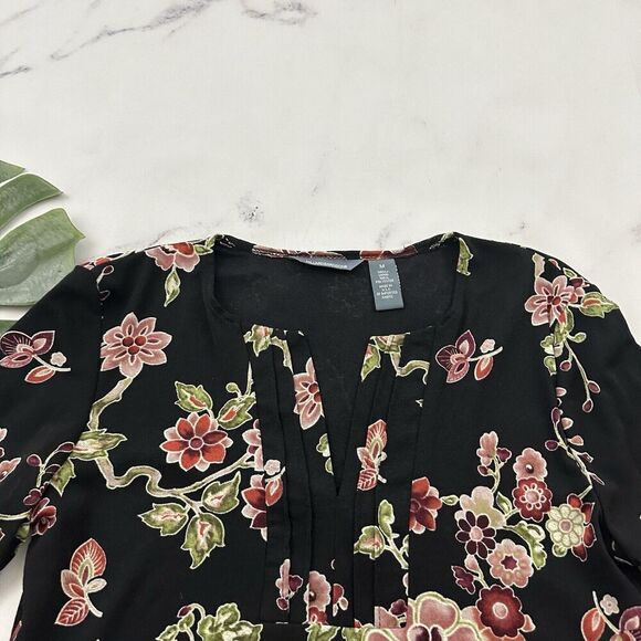 Hillard Hanson Womens Vintage Y2k Mesh Knit Top Size M Black Pink Floral Bell - Picture 2 of 11